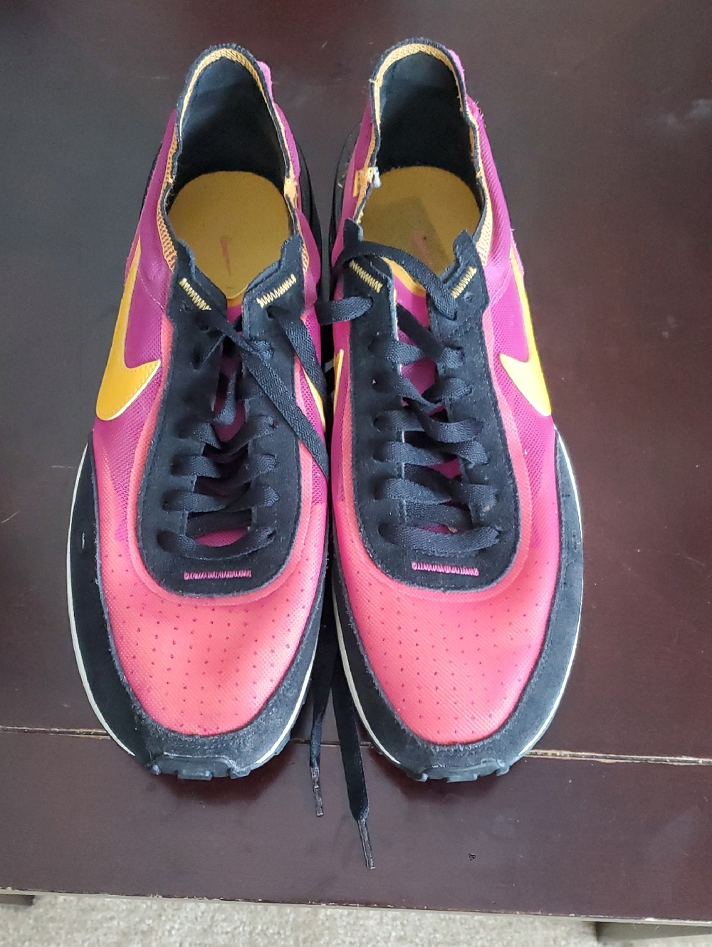 Nike Men's Athletic Shoes - Pink with Yellow Swoosh and Black Details